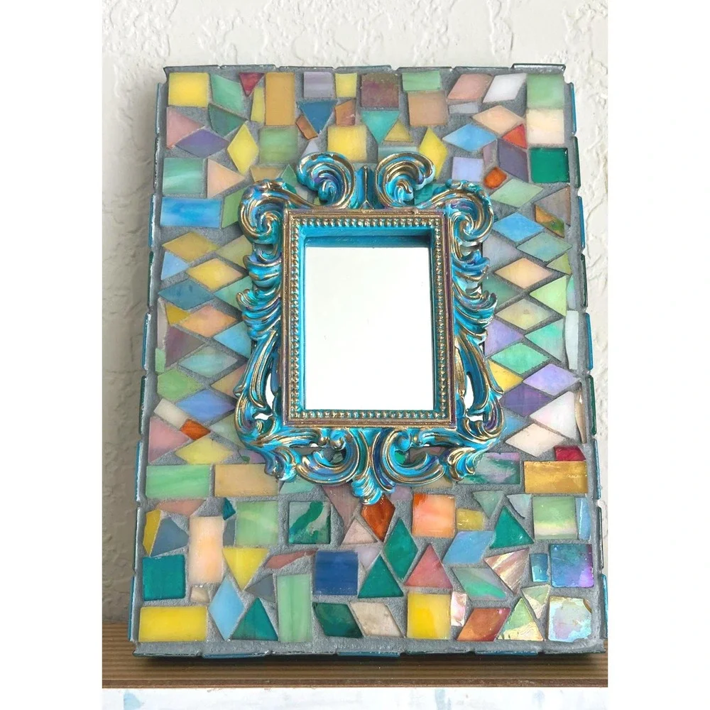 Stained Glass Mosaic Mirror Frame Colorful Handmade Glass Tile Boho Decor 8x6